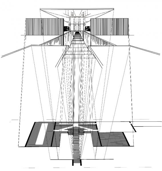 This image was part of a drawing exercise, in which I took a selection of the case study houses and enforced a specific phobia to the houses design and layout. In this example with Case Study House 15, I wanted to apply techniques that would enforce the fear of heights (acrophobia). The addition of mirrors on both the floor and the placement of a mirror on top create the illusion of depth along the path to the main entrance.